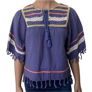 Rocks and Indigo Boho Blouse Beautiful Statement Top SZ S Short Sleeve Cotton